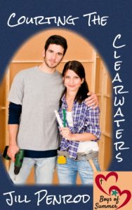 Courting the Clearwaters cover. A young couple stands together holding construction tools.