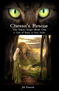 Chessa's Rescue cover. A woman in a cave looks at the sunrise. Fantasy landscape.