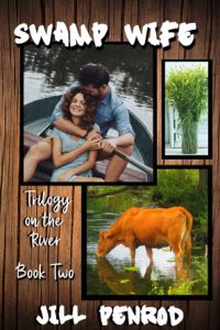 Swamp Wife Cover. Images of a couple on a boat, a cow in a creek, and a vase of flowers