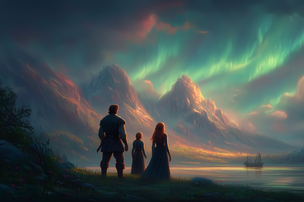 Three people look over a mountain lake with an aurora borealis in the background