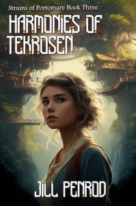 A woman stands in front of a treetop village. Cover image of Harmonies of Tekrosen